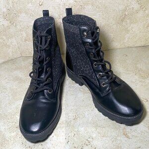 Black Combat Boots Size 8 Lug Sole  Leather & Glitter Fabric Blend Everyday Wear